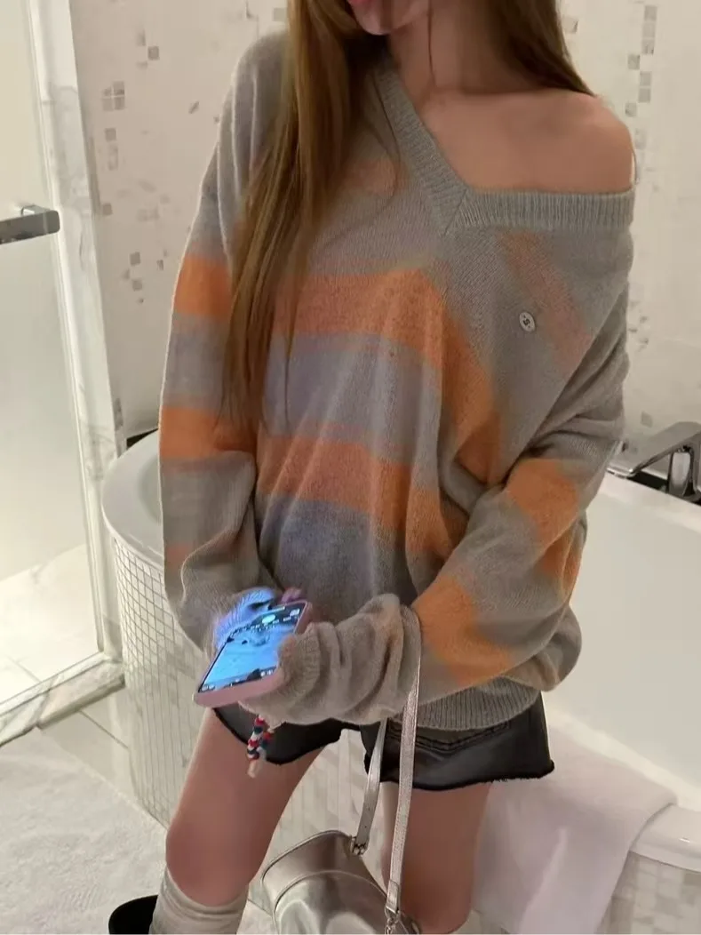 Doce casual listrado v-ne malhas feminino solto oulder baring emagrecimento topo para primavera outono confortável preguiçoso sle