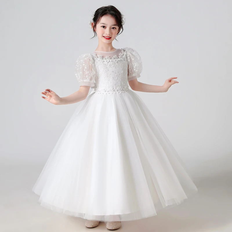 Girls Dress Summer Princess Dresses Sequins Puff Sleeve Ankle-Length Mesh Flower Girl One-piece For Wedding Evening Party