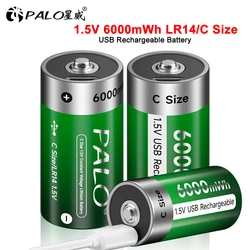 PALO 1-8pcs 1.5V 6000mWh LR14 C Size Rechargeable Battery Type-C USB Charging Lithium Battery R14 for Flashlight Gas Cooker