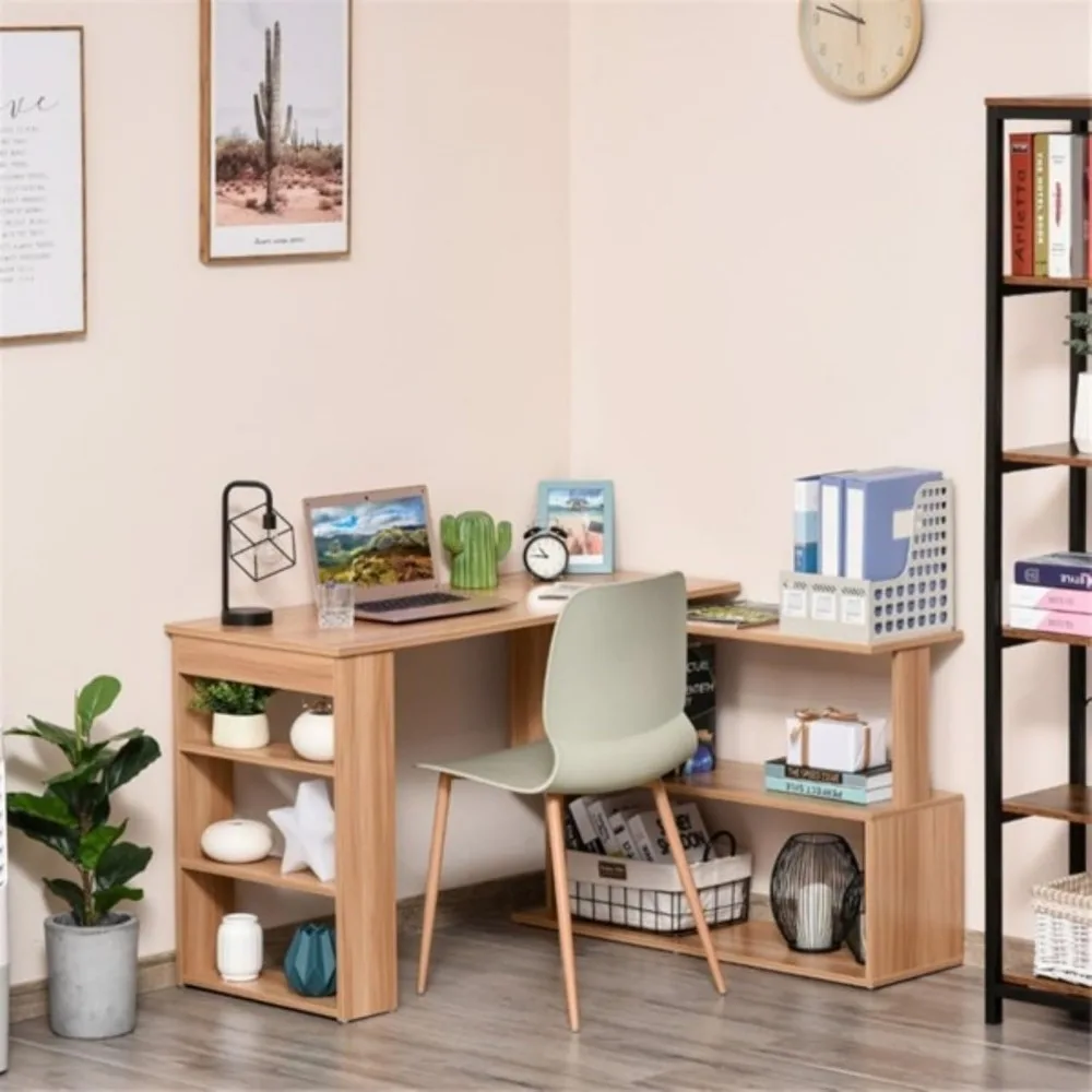 Multi-functional desk, L-shaped computer desk, 2-tier S-shaped shelves and 3-tier side bookshelves, suitable for office, bedroom