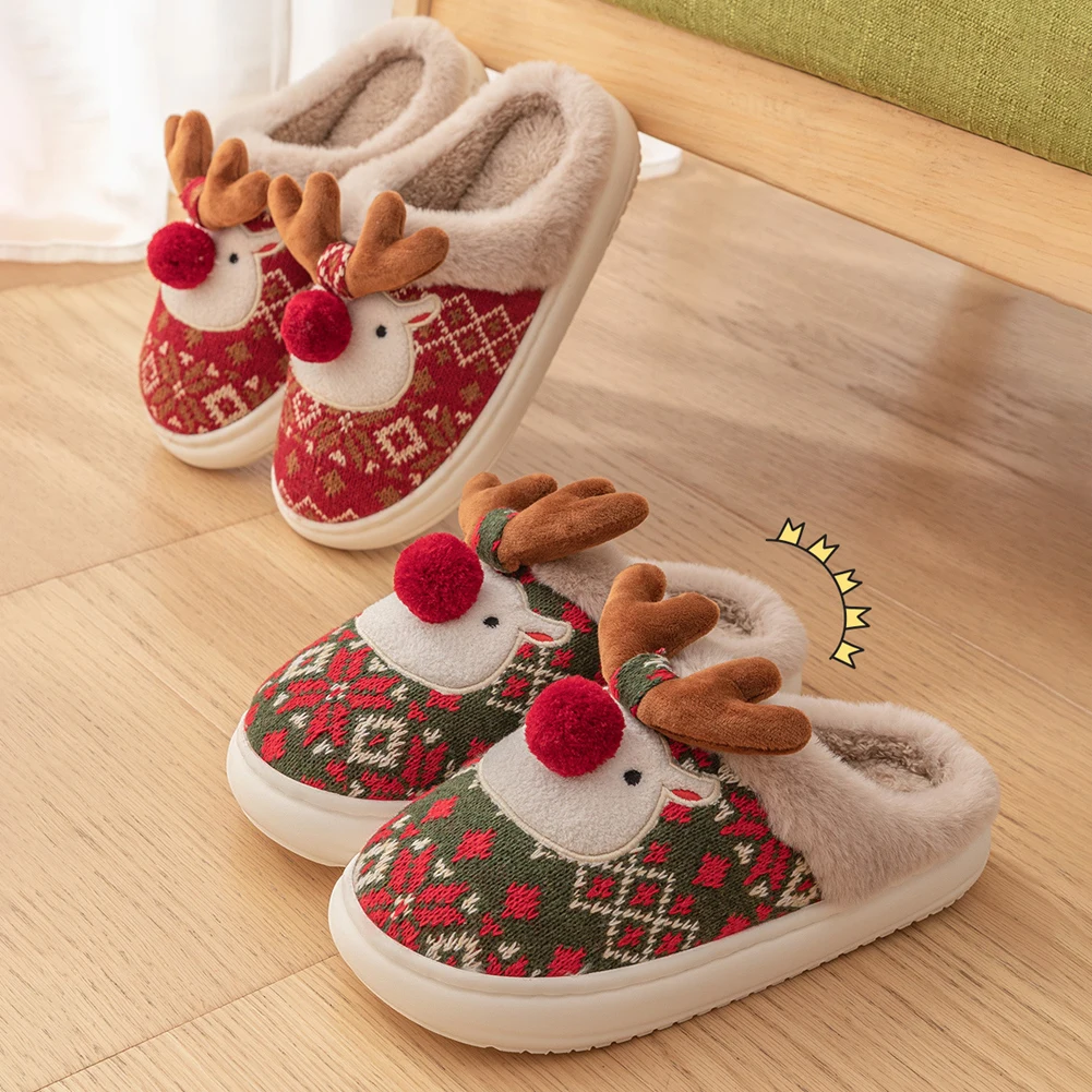 Christmas Elk Plush Slippers Warm Slip-on House Shoes Comfortable Flat Thermal Slippers Cute Animal Slippers for Indoor Bedroom