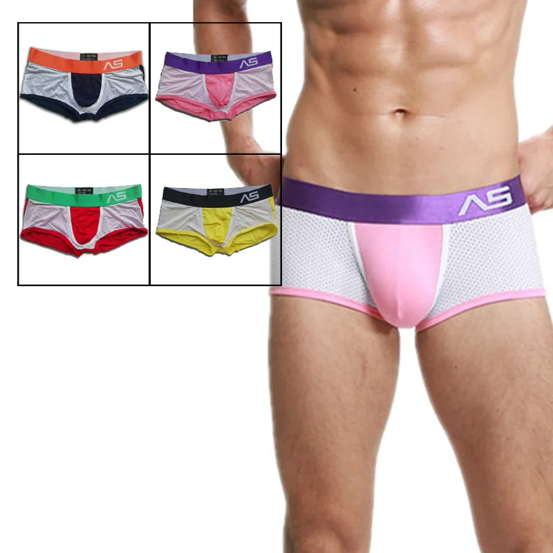 Men\'s Sexy Trunks Skin Friendly Cotton Mesh Breathable Bulge Pouch Boxer Shorts Comfy Hip Lift Slim Fit Patchwork Sports Panties