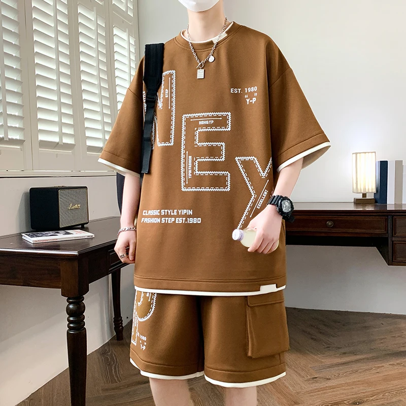 2024 New Fashion Summer Men\'s T-shirt Set Trendy Short Sleeves Suit Oversized Loose-fit Solid Color Printing Men Clothing