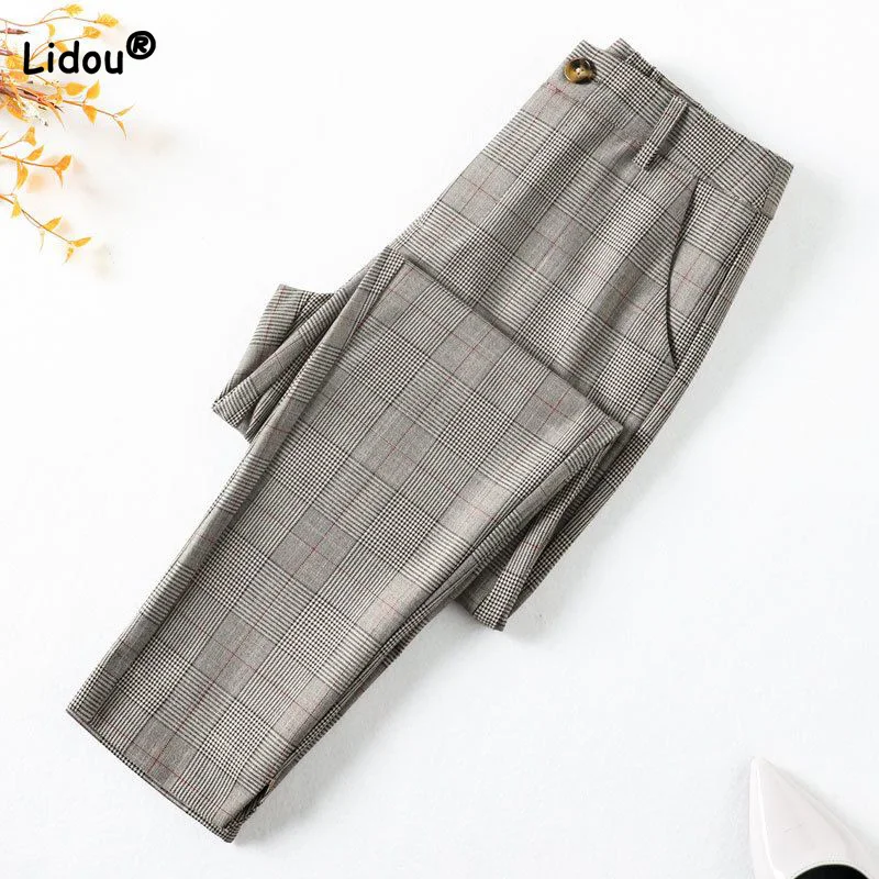 

Vintage Loose Fitting Small Straight Leg Nine Points Pants Mid Waist Button Patchwork Pockets Lattice Print Trousers for Women