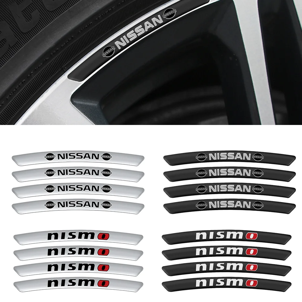 4Pcs Car Tire Curved Rims Aluminum Decals Wheel Hub Emblem Sticker For Nissan Nismo Qashqai J10J11 Juke Xtrail Leaf Sentra Teana