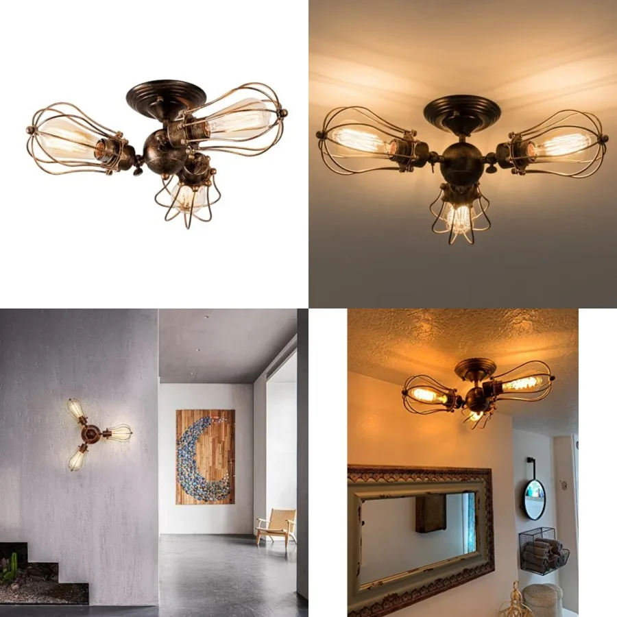 

Vintage Ceiling Light Industrial Rotatable Semi-Flush Mount Ceiling Light Metal Lamp Fixtures Painted Finish with 3 Light (Bron