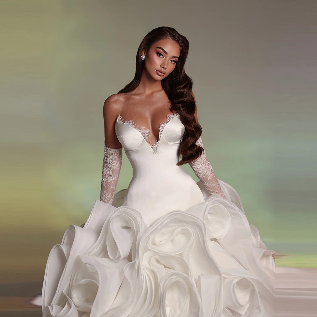 

Luxuries 3D Ruffled Wedding Gowns White Satin A-line Formal Gown Women V-Neck Corset Back Bride Dress With Lace Details Custom