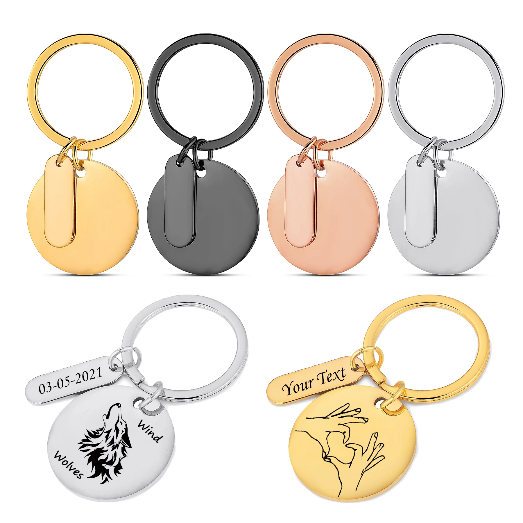 1Piece Engraved Round Charms Keychain Personalized Name Logo Stainless Steel Jewelry Keyring Gift for Christmas Birthday