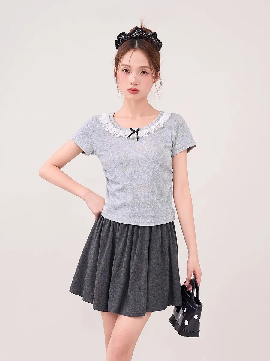 Sweet Lace Bow Tie Shirring T-shirt Female 2024summer Blouse Grey Short Sleeve Tops Women's Clothing Top Tees Y2k Camisetas 티셔츠