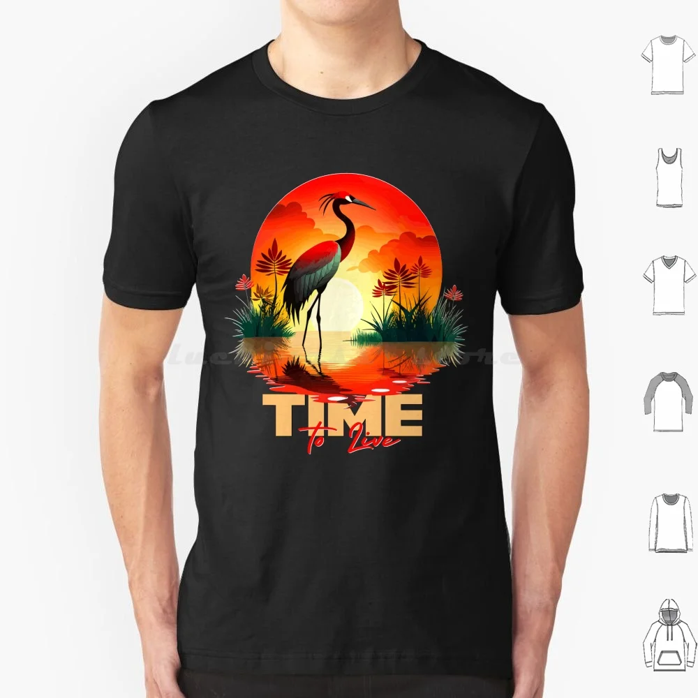 Red-Crowned Crane Silhouette At Sunset Lake T Shirt Big Size 100% Cotton Red Crowned Sunset Sky Water Reflection Crane Art Lake