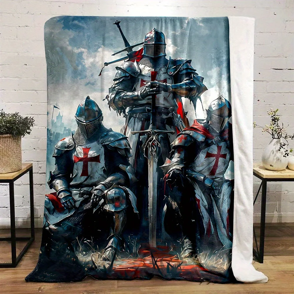 

1pc Medieval Knights Battlefield Print Reversible Flannel Fleece Throw Blanket - Contemporary Style, Digital Print, All-Season