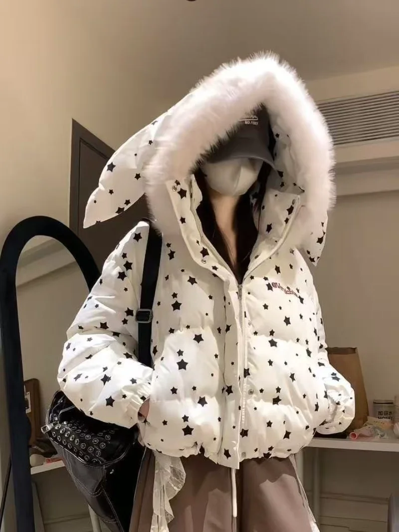 Amerykańska kurtka bawełniana w stylu retro z króliczymi uszami i futrzanym kołnierzem, damska, zimowa, ciepła, designerska, kurtka w stylu koreańskim, urocza kurtka bawełniana na ulicę.