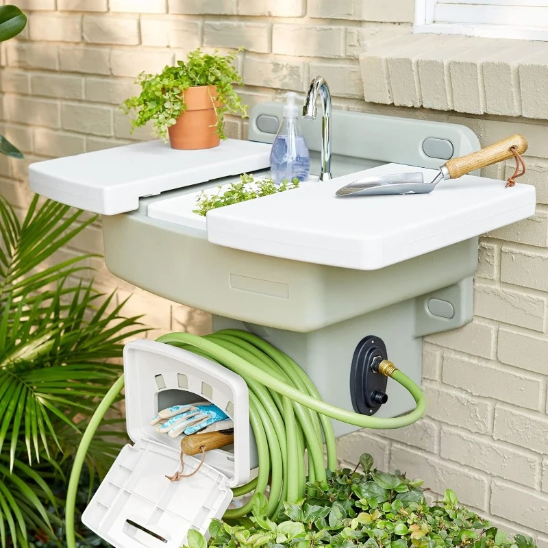 Outdoor Wall Mounted Outdoor Garden Sink w/Hose Holder - No Plumbing Required Mountable Outdoor Faucet - White