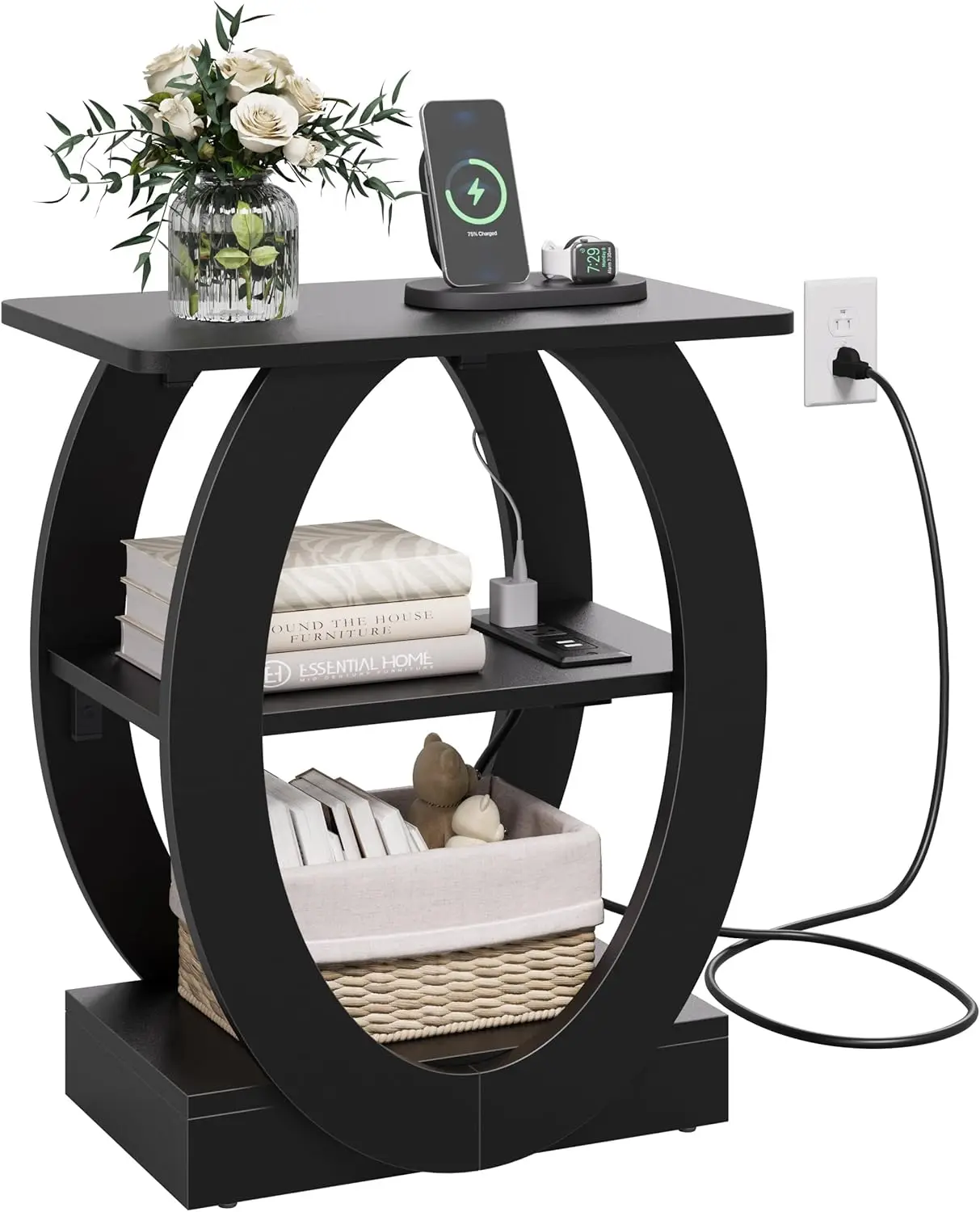 

End Table with Charging Station, Black Side Table with USB Ports and Power Outlets, Wood Nightstand with Large Storage Shlef