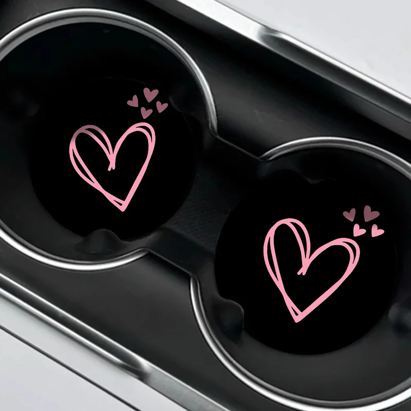 2 Pink Heart Print Car Coasters | Water Absorbent, Splash-Proof, Easy To Clean, Suitable For Office/Home/Car Use, Ideal For Vale