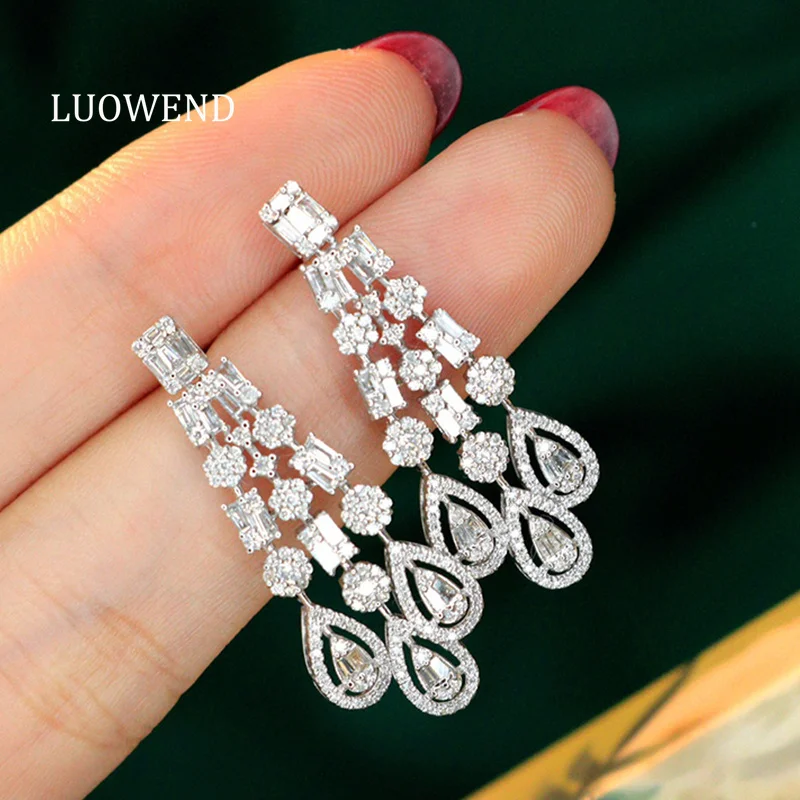 

LUOWEND 100% 18K White Gold Earrings Women Luxury Elegant Style 1.40carat Real Natural Diamond Drop Earrings High Party Jewelry