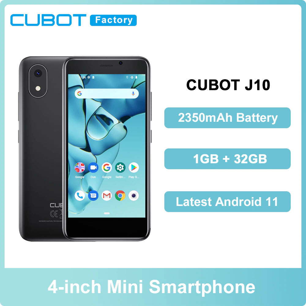  Cubot J10 Smartphone 4-Inch Mini Screen 2350mAh 5MP Rear Camera 32GB ROM Android 11 3G Dual SIM Card Telephone Face ID Phone 