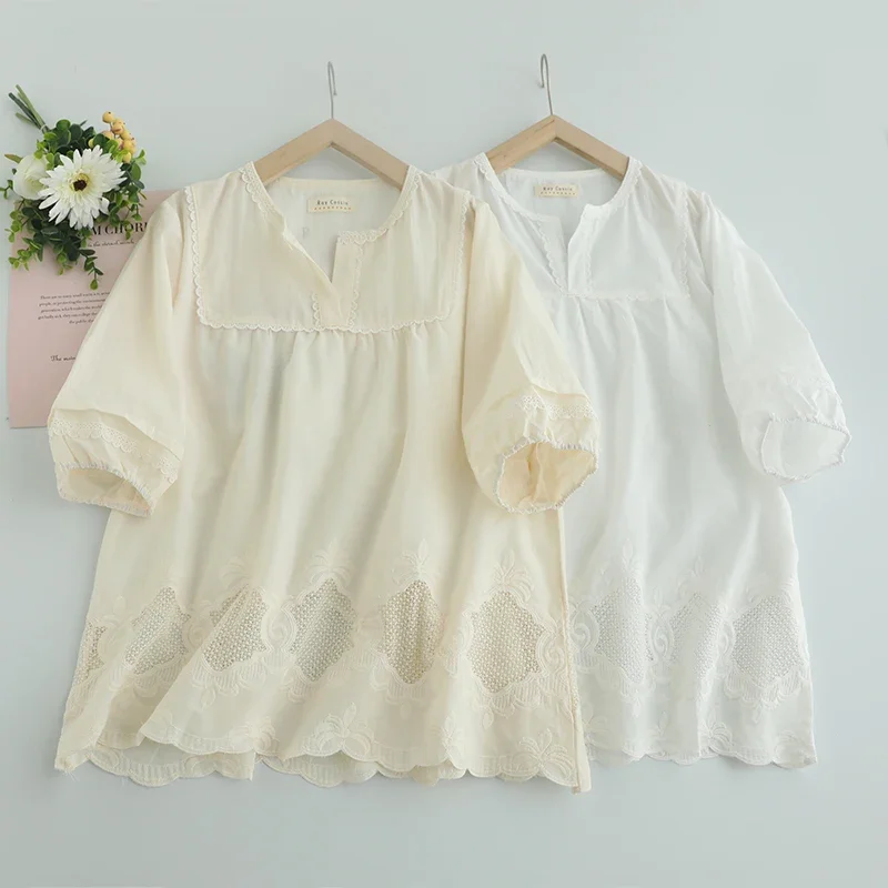 

Summer Sweet Mori Girl Solid Color Hollow Out Embroidered Cotton Shirt Women Short Sleeve Casual Loose Blouse Tops