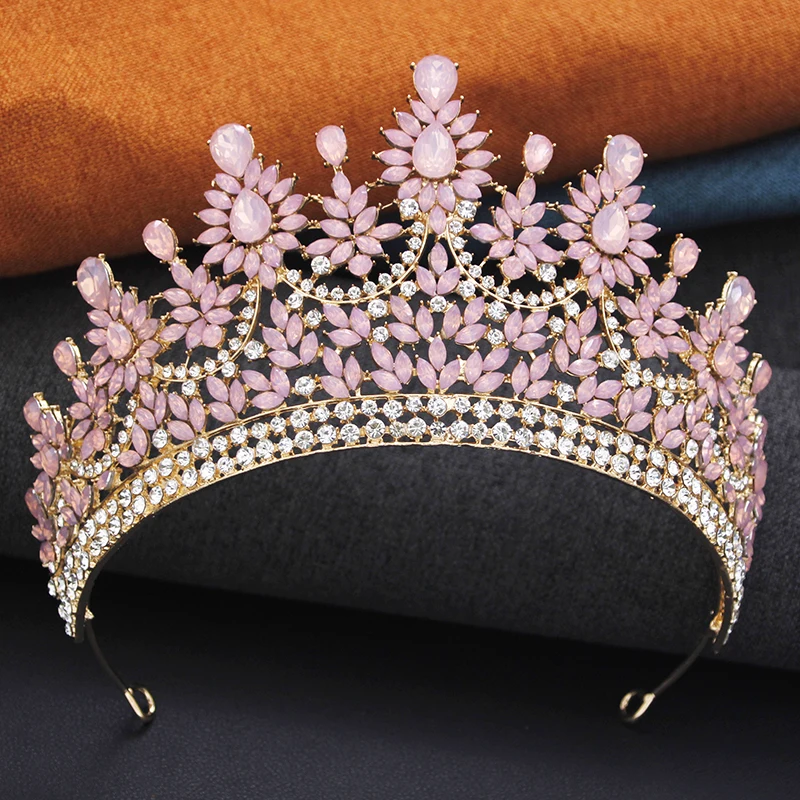 Elegant High Opal Pink Crown Royal Queen Tiaras and Crowns Wedding Hair Jewelry Party Prom Diadem Pageant Headdress Bridal