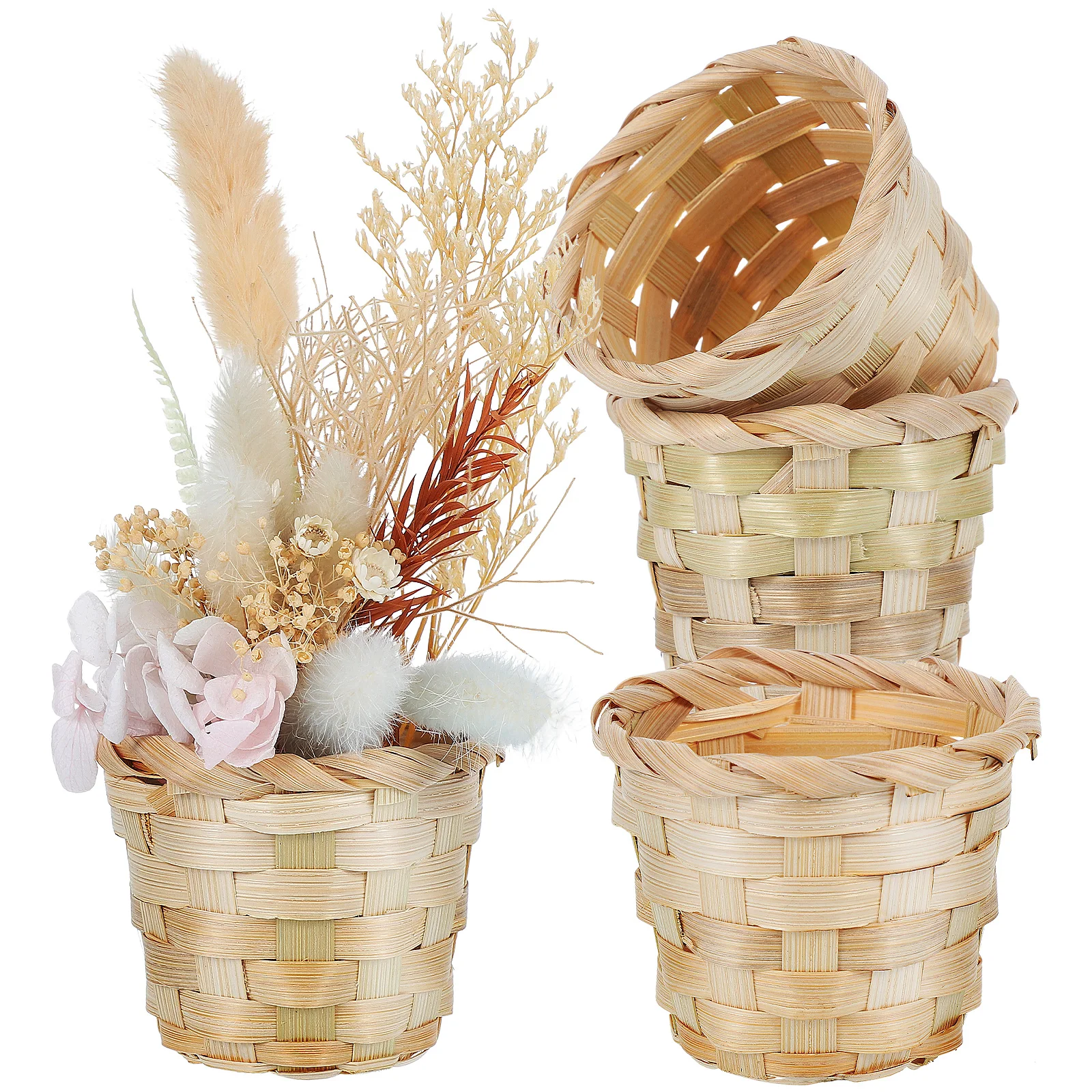 

4pcs Bamboo Wood Storage Baskets Desktop Organizer For Sundry Snacks Fruits Candy Rustic Woven Basket Small Desktop Basket Mini