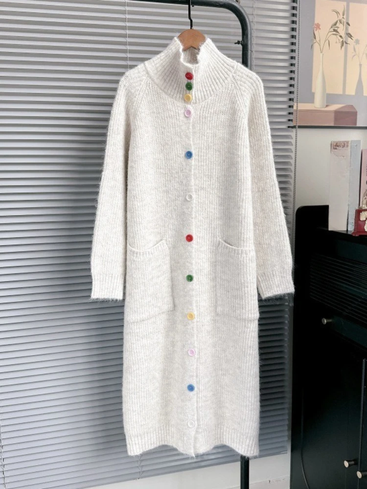 

Korean Fashion Long Sweaters Turtleneck Long Sleeve Single Breasted Pockets Cardigan Casual Loose Knit Dress 2025 Women Clothing