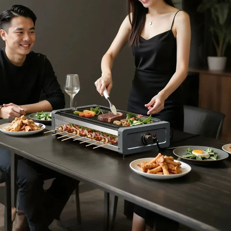 Double Layer Electric Grill Adjustable Temperature Indoor Smokeless BBQ Grilling Machine for Home Skewer Meat Roasting