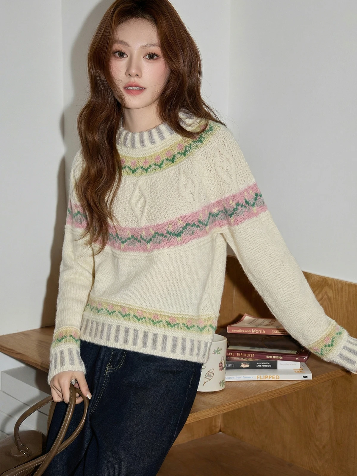 

Retro Fair Isle Color Blo Knitwear Women's Winter Soft Loose Fit Lazy Versatile Sweater Korean Sle Long Sve round Ne