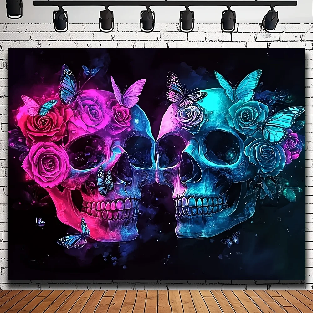 2D Flat,1pc Printed Tapestry, Colorful Twin Skulls Roses And Butterflies Pattern, Gothic Wall Decor, for Living Room,Bedroom