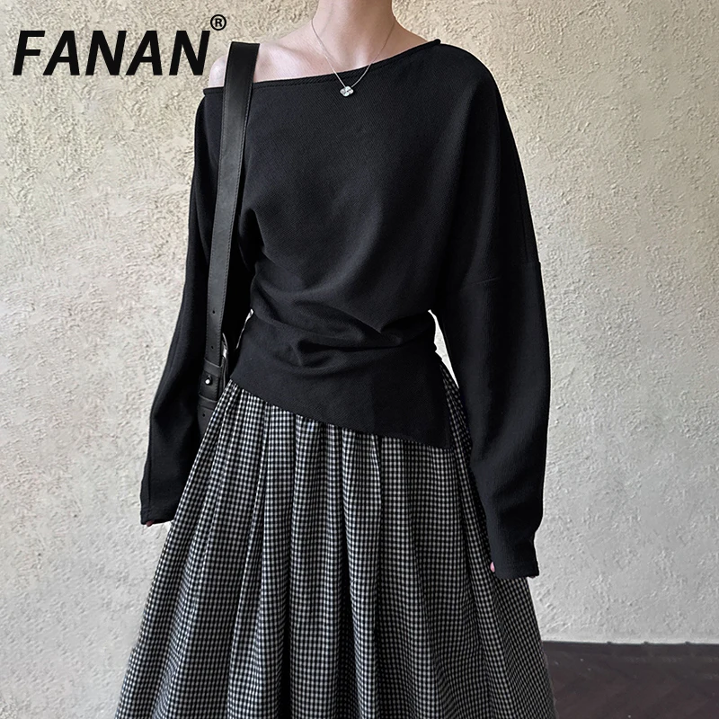 

FANAN Black Irregular Pleated Sweatshirt New Skew Collar Long Sleeve Women Big Size Fashion Tide Spring Autumn 2025 New Fashion