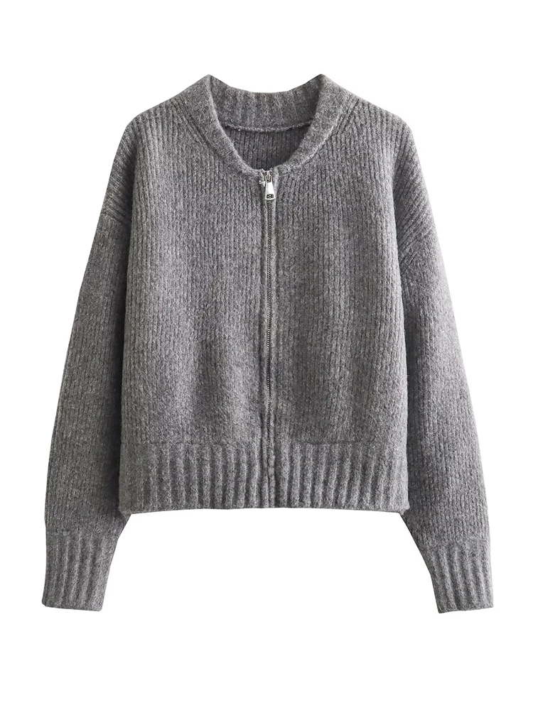 YENKYE New Women Gray Knit Bomber Jacket Long Sleeve O Neck Female Autumn Winter Casual Coat