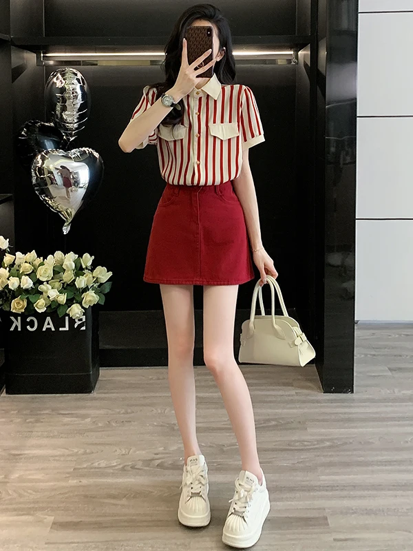 

Elegant Red Short Sleeve Shirt And Denim Skirt Women's Summer Fashion Anti-Aging Two-Piece Set Cotton Material Flip Collar
