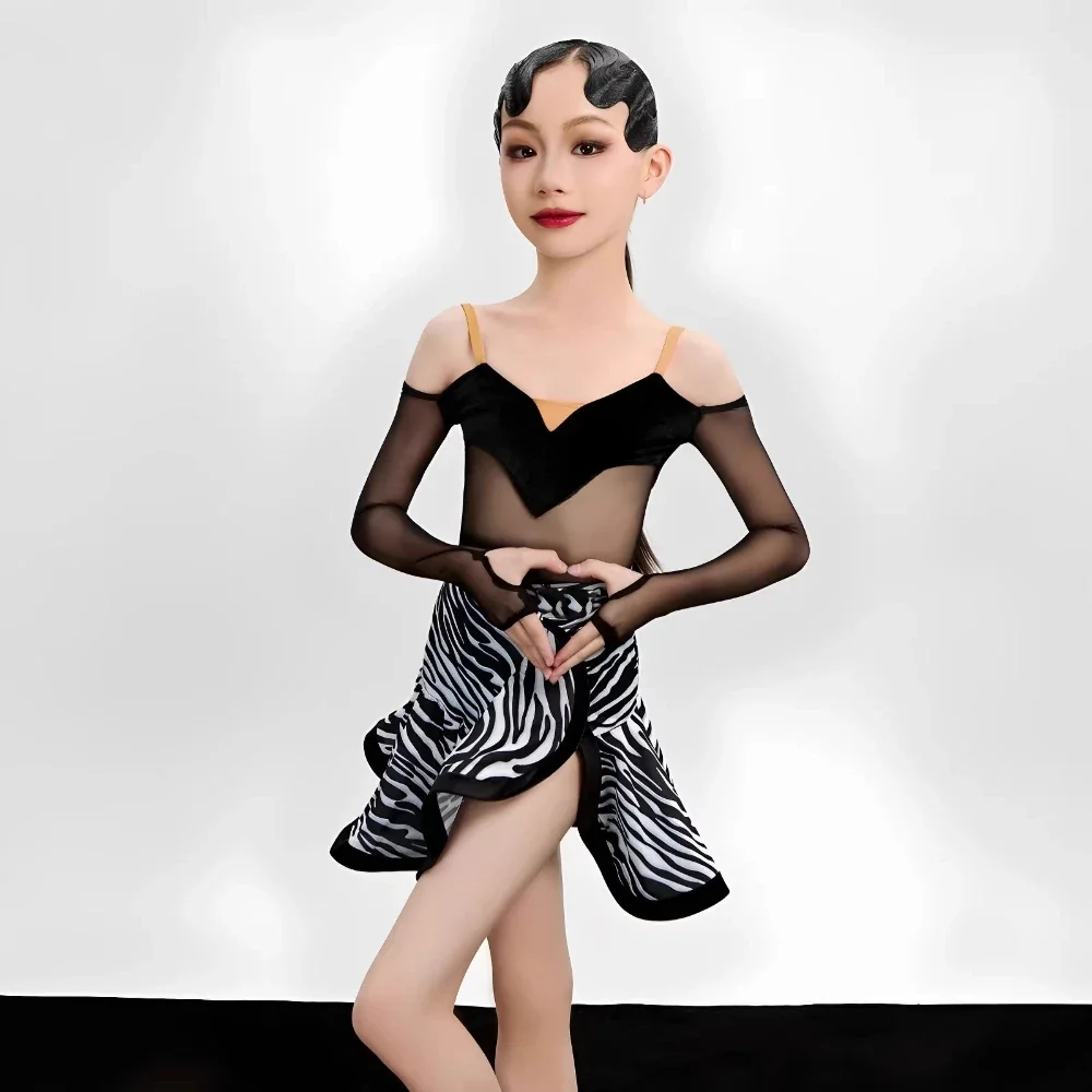 

Детское платье для латинских танцев для девочек, весенний комплект с длинными рукавами и v-образным вырезом, сетчатая лоскутная юбка с принтом зебры, комплект для танцевальной практики ча-ча-самбы