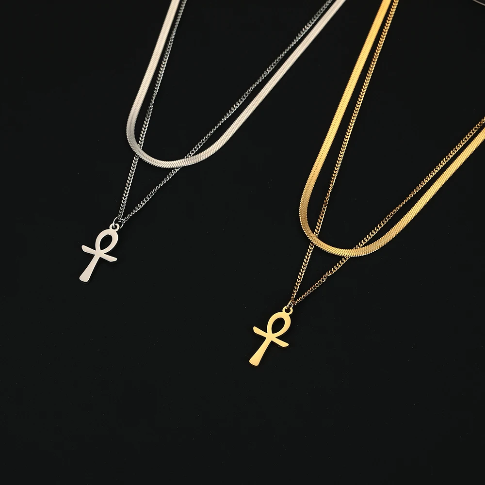 Dawapara Ankh Halskette Ägypten Koptischen Kreuz Charme Doppel Schicht Schlange Kette Edelstahl Frauen Halskette Amulett Religiöse – Detail 12