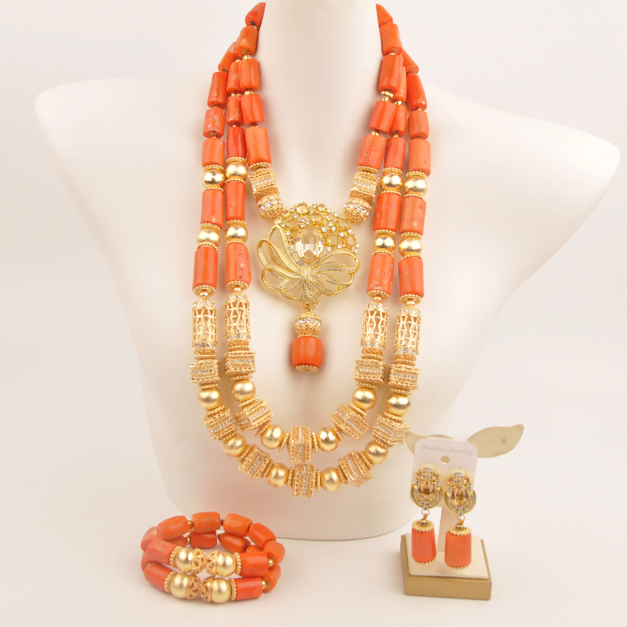 Natural coral Nigerian Wedding Fashion jewelry Orange African necklace