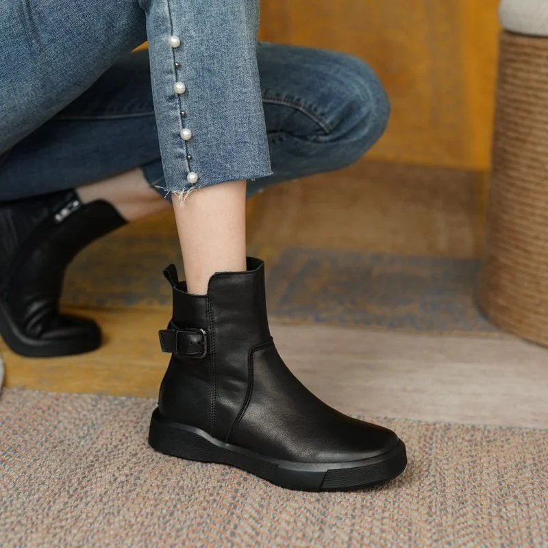 2024 New Retro Boots for Women Autumn Winter Women's Shoes Leather Casual Flat Ankle Boots Female Platform Short Boots