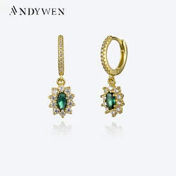 ANDYWEN 100% 925 Sterling Silver Gold Green CZ Ovals Pendientes Drop Earring Women Luxury Fine Jewelry Gift Rock Punk Jewels