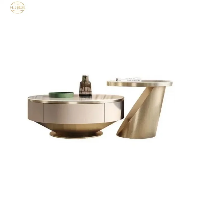 Italian Light Luxury Rock Slab Round Coffee Table Living Room Cream Style Simple Nordic Household Storage Center Table