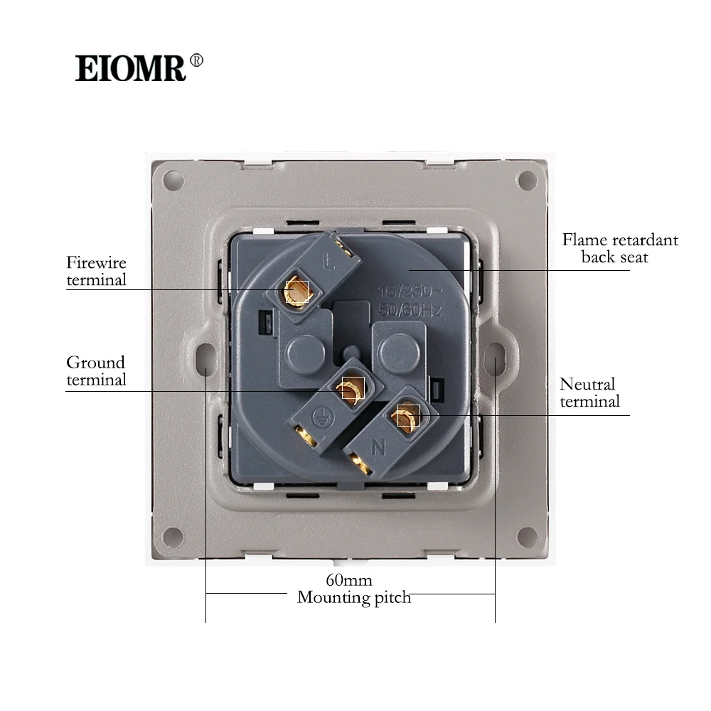 Tomada elétrica do painel de vidro de cristal cinzento preto branco da c.a. 110-220v do soquete 16a do padrão da ue de eiomr para aparelhos elétricos