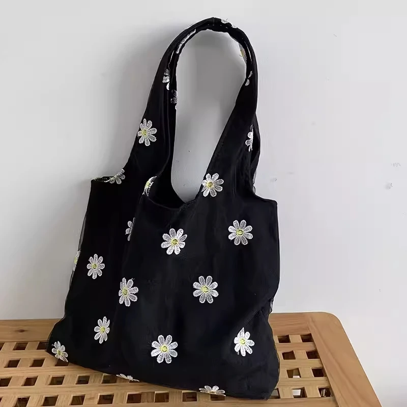 Embroidery Shoulder Canvas Bag Reusable Portable Large Capacity Foldable Storage Bag Shopping Bag