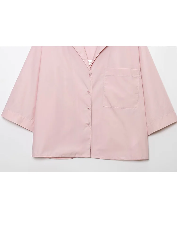 HH Women 2-Piece Set Single-breasted Short Sleeve Turn-down Collar Shirt+Drawstring Elastic Waist Solid Autumn Wide-leg Pants