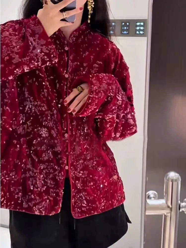 New Year Red Chinese Style Autumn/Winter 2024 Sequin Embroidered Stand Collar Single Breasted Women\'s Cotton Jacket S-XL
