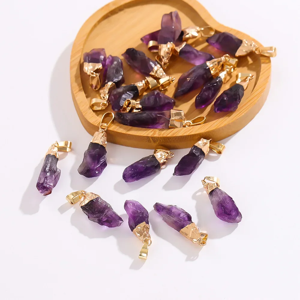 1Pc Natural Amethyst Quartz Crystal Specimen Pendant with Gold Cap Healing Rough Stone Amulet Gifts