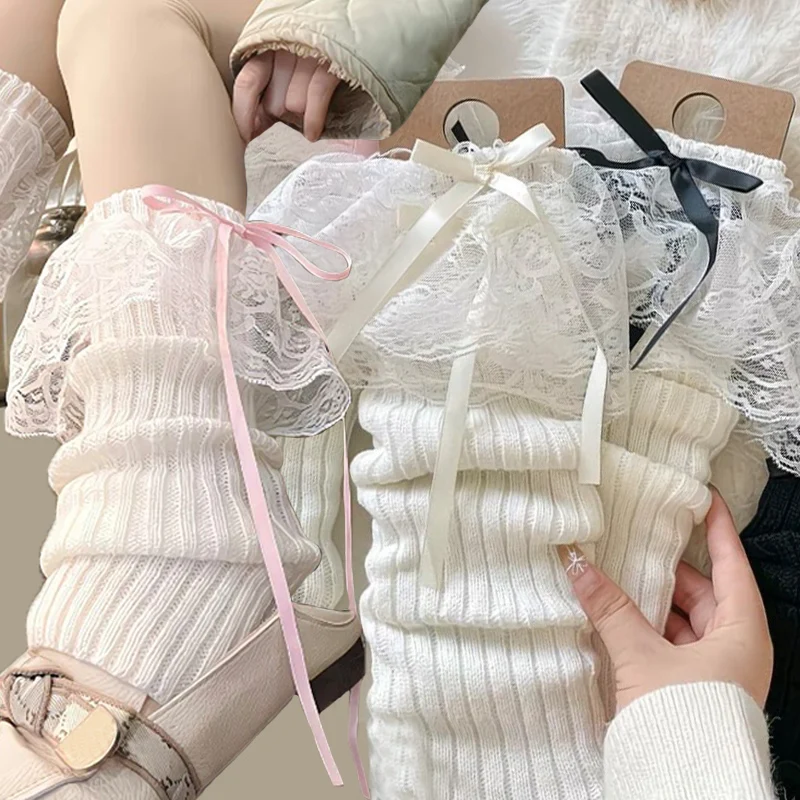 

Lace Bowknot Knitted Women's Leg Warmers Ribbon Knee High Socks Y2K Fresh Sweet Japanese Style Calf Warmers Fashion Accessories