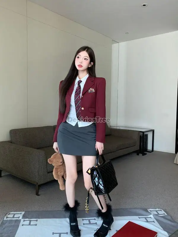 2025 japão coreia estilo uniforme escolar menina vinho vermelho sexy conjunto uniforme escolar jk conjunto faculdade mangas compridas conjunto uniforme jk a712