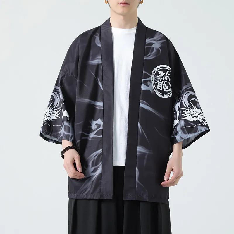 Japanese Haori for Men Dragon Pattern Kimono Cardigan Ukiyo-e Style Streetwear Jacket Traditional Asian Costume Cosplay Wear Top