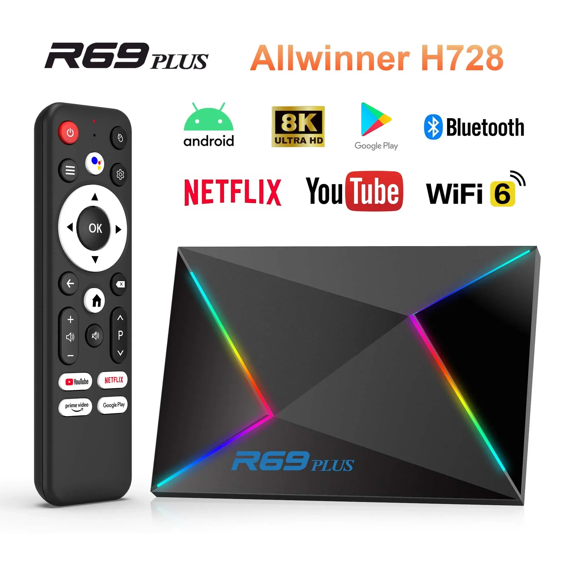 Kotak TV pintar Android 14 R69 Plus Allwinner H728 WiFi ganda mendukung pemutaran video 8K dan transmisi layar Chromecast Netflix, asisten suara, kontrol pemutar media streaming