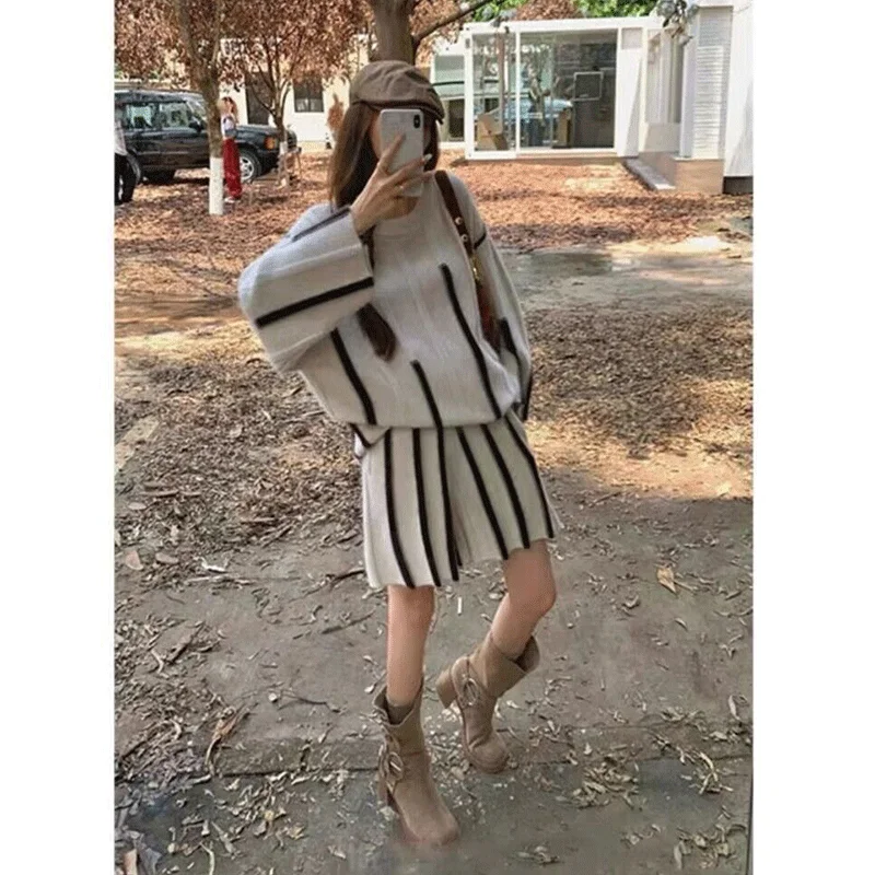 Korejpaa Retro Fashion Casual Sets Women Autumn Winter Color Contrast Striped Long Sleeve Knitted Sweater+shorts Two Piece Set