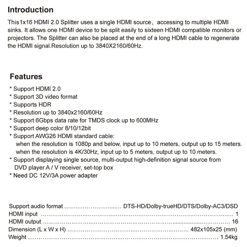 16 Port HDMI 2.0 Splitter 1 Input 16 Output 3D 4K 60Hz 1x16 16Way HDMI Video Splitter 1 In 16 Out Support Edid Management For TV