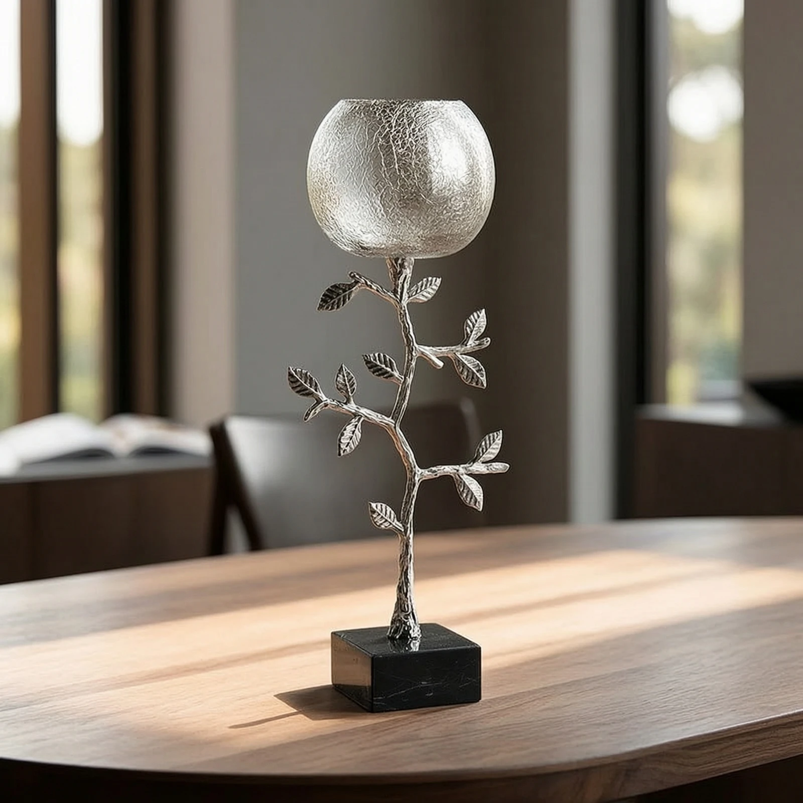 Candle Holder with Marble Base Minimalist Sculptural Candle Holder Candlestick Silver-Toned Decor Textured Glass
