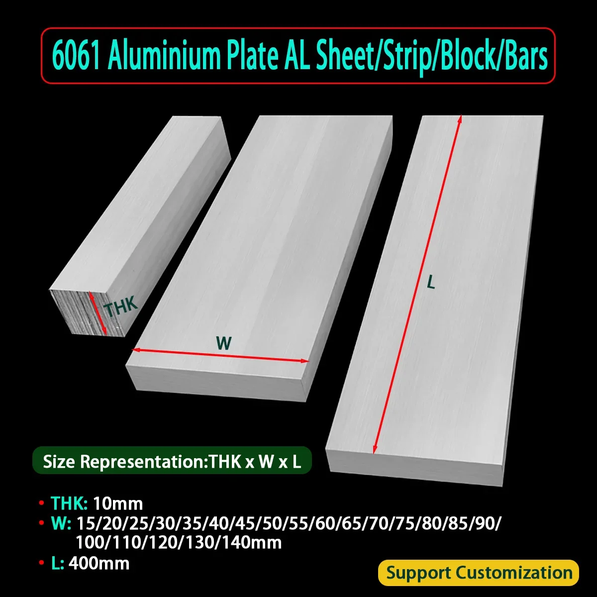 

6061 Aluminum Alloy Strip Flat Bar Plate Thick10mm W15/20/25/30/35/40/45/50/55/60/65/70/75/80/85/90/100/110/120/130/140mm L400mm